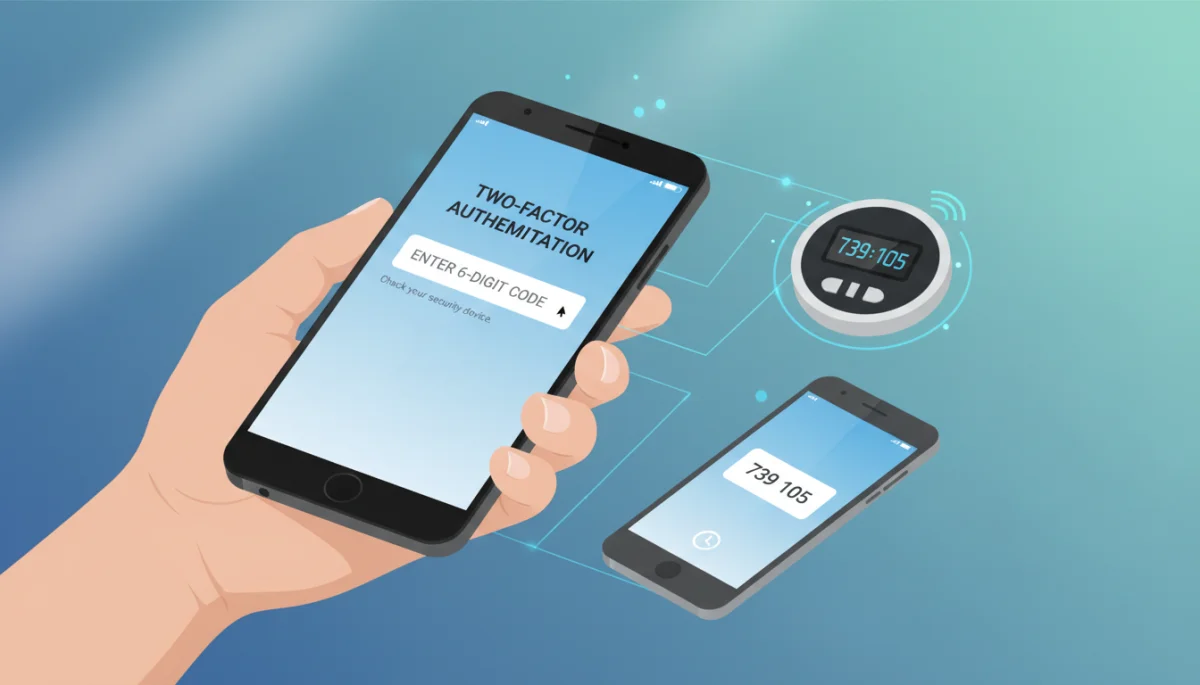 User entering 2FA code on smartphone, with a secondary device generating the code.