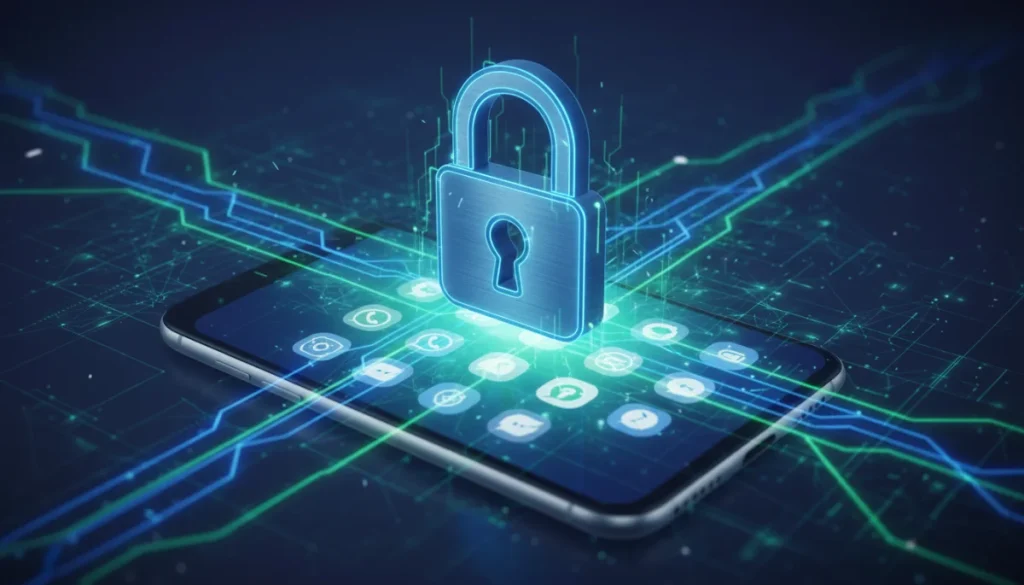 Digital padlock on smartphone screen with messaging app icons, symbolizing enhanced security.