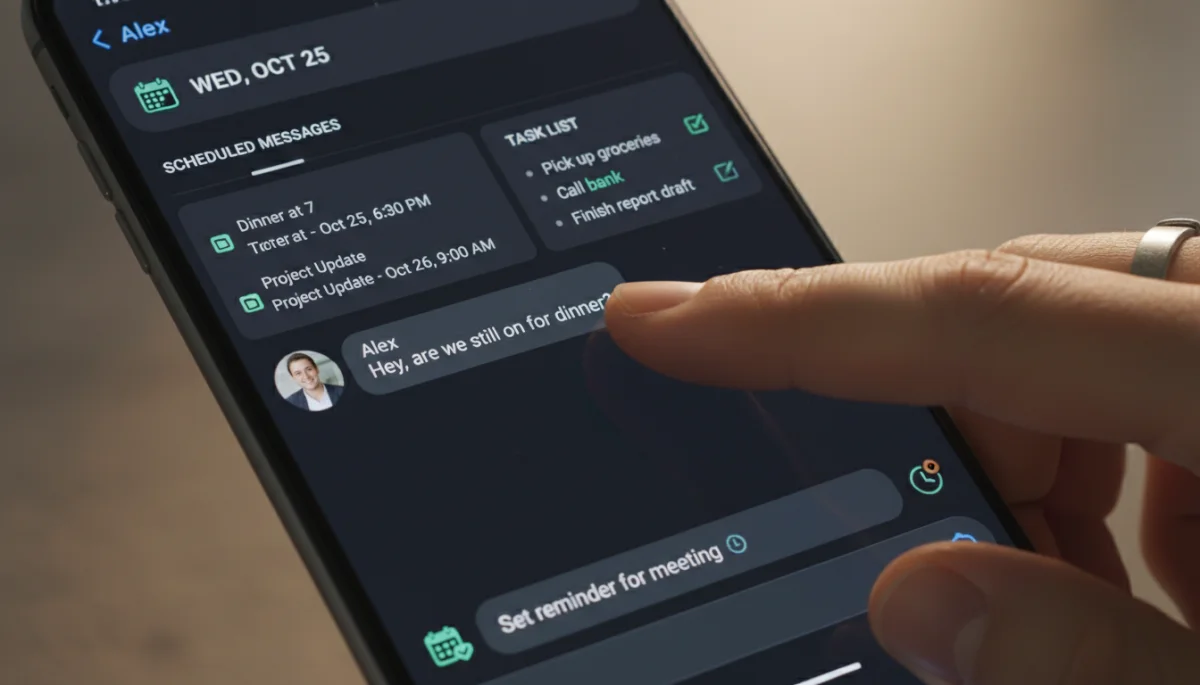 Smartphone displaying advanced messaging app features for productivity