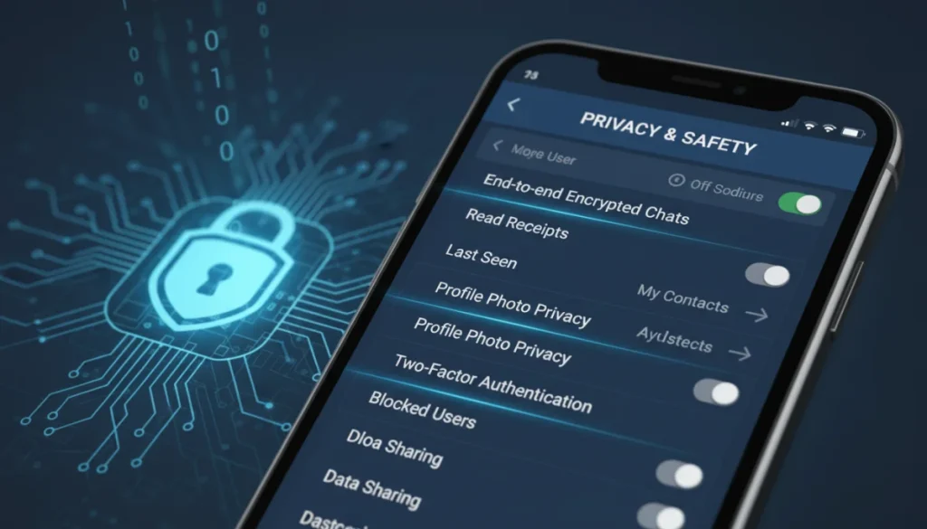 Smartphone showing advanced privacy settings in a messaging app, emphasizing data protection.