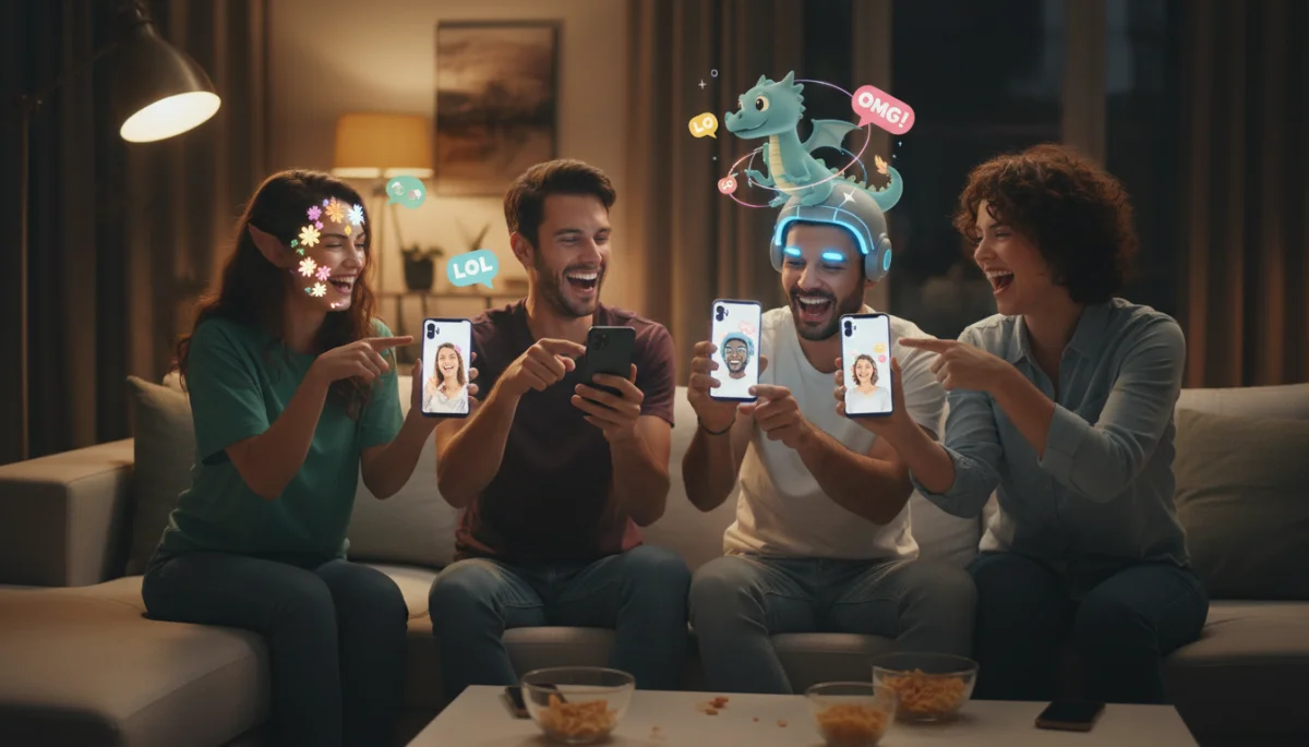 Friends enjoying personalized AI augmented reality filters in messaging apps