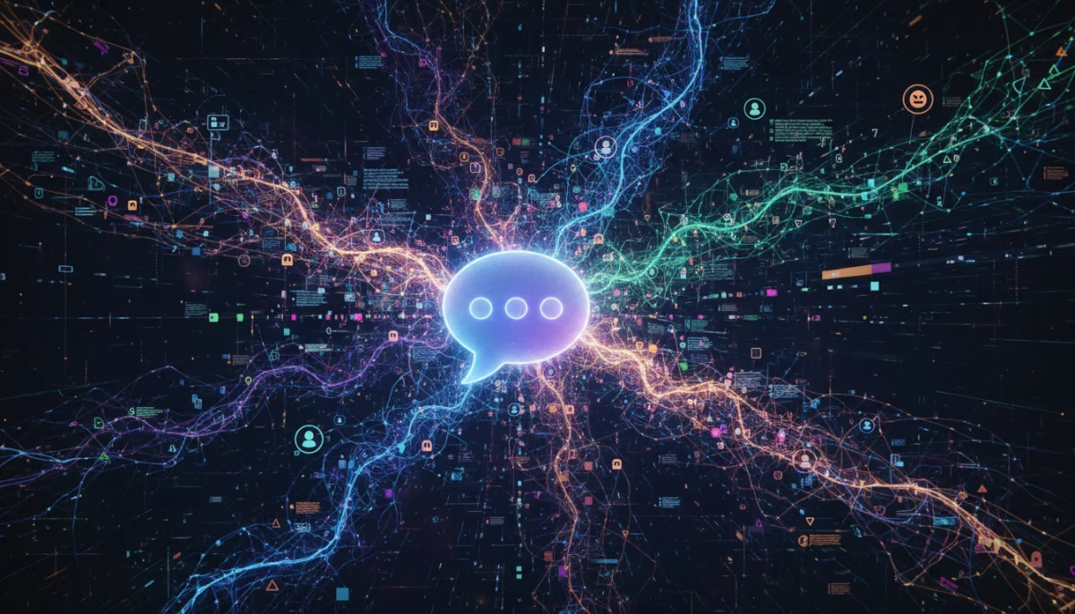 AI-powered content generation in messaging apps, symbolized by neural networks and data streams.