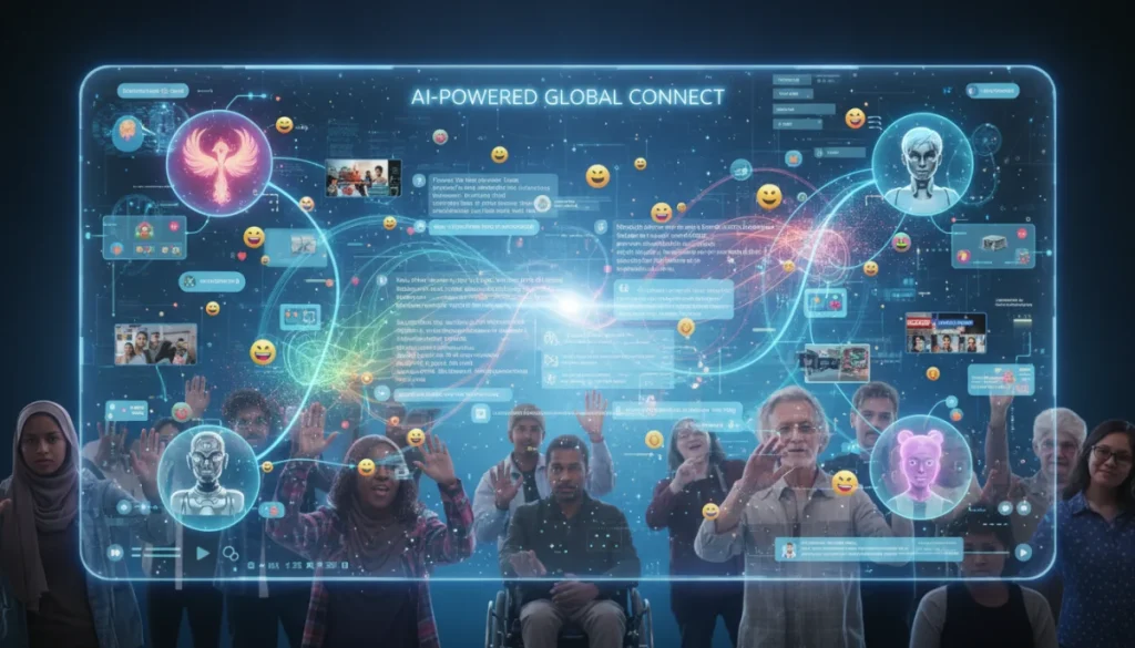 Futuristic digital interface with AI-powered entertainment messaging and social interactions