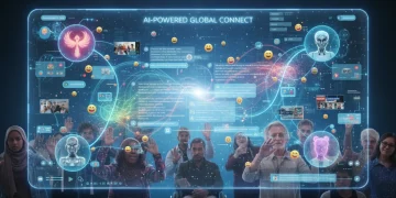 Futuristic digital interface with AI-powered entertainment messaging and social interactions