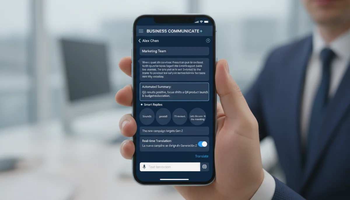 Smartphone showing AI-powered messaging app with smart features