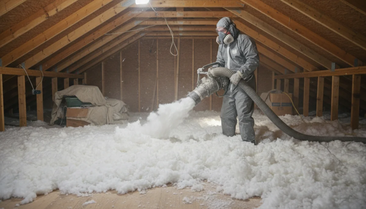 Technician installing blown-in fiberglass insulation in an attic for improved thermal performance.