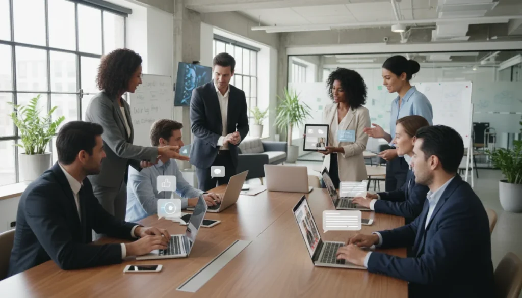 Professionals collaborating on business messaging apps