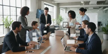 Professionals collaborating on business messaging apps