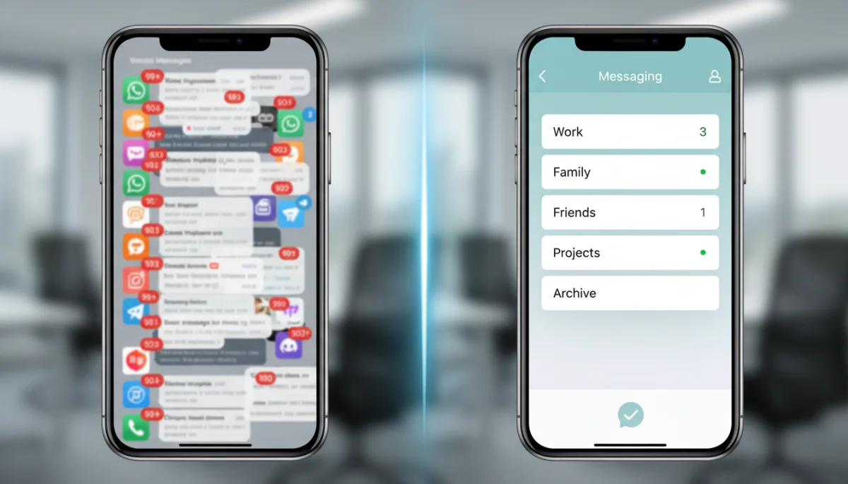 Visual comparison of disorganized versus organized messaging app interfaces.