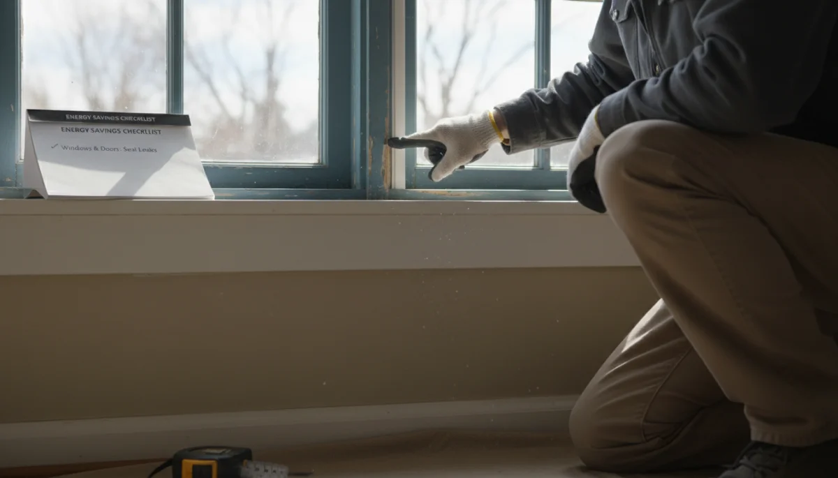 Homeowner checking window weatherstripping for air leaks to prevent energy loss.