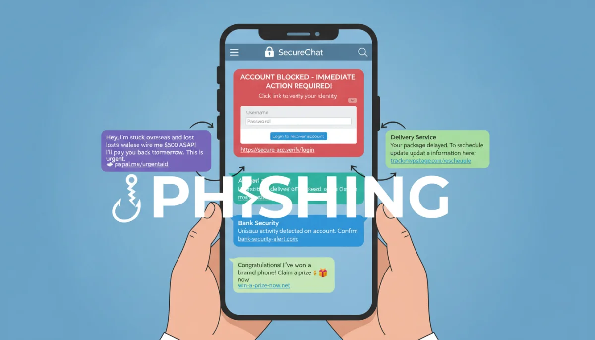 Illustration of common phishing tactics used on messaging applications.