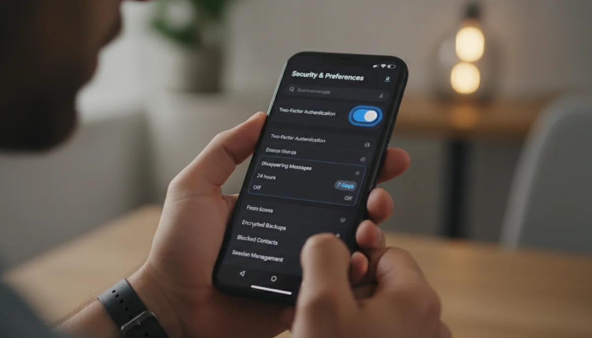 User configuring two-factor authentication and disappearing messages in a messaging app.