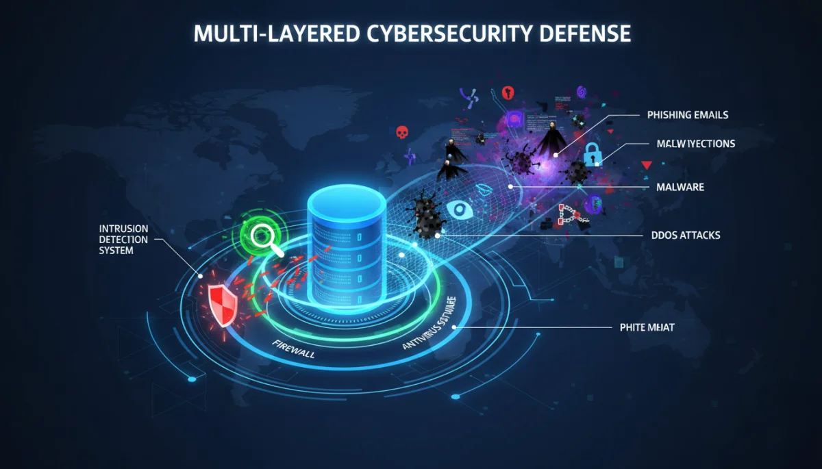 Multi-layered cybersecurity defense system graphic