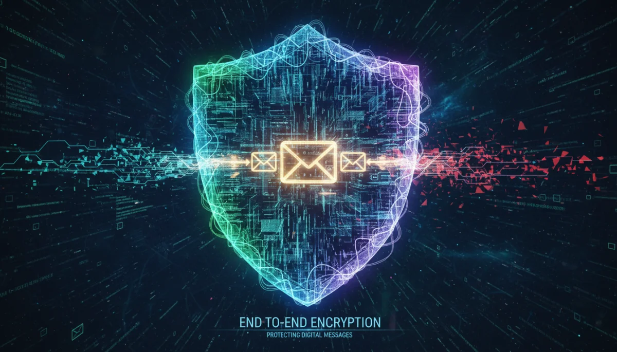 Abstract visual of end-to-end encryption protecting digital messages.
