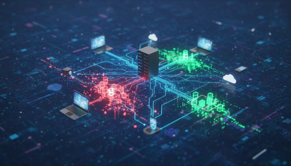 Data flow with secure and vulnerable packets, illustrating network security.