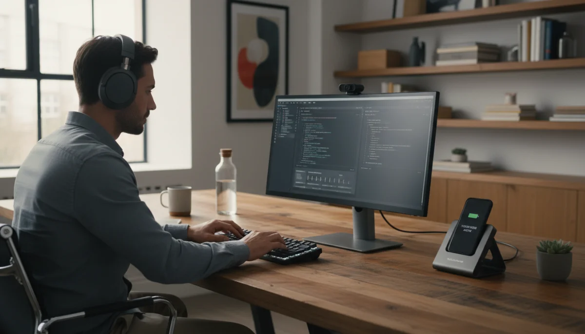 Individual in deep work with phone in focus mode