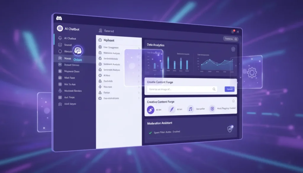 Discord AI integration features dashboard with bot and analytics icons
