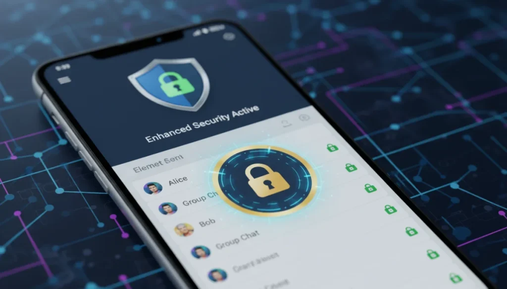 Element Messenger interface with security icons, symbolizing robust data protection.