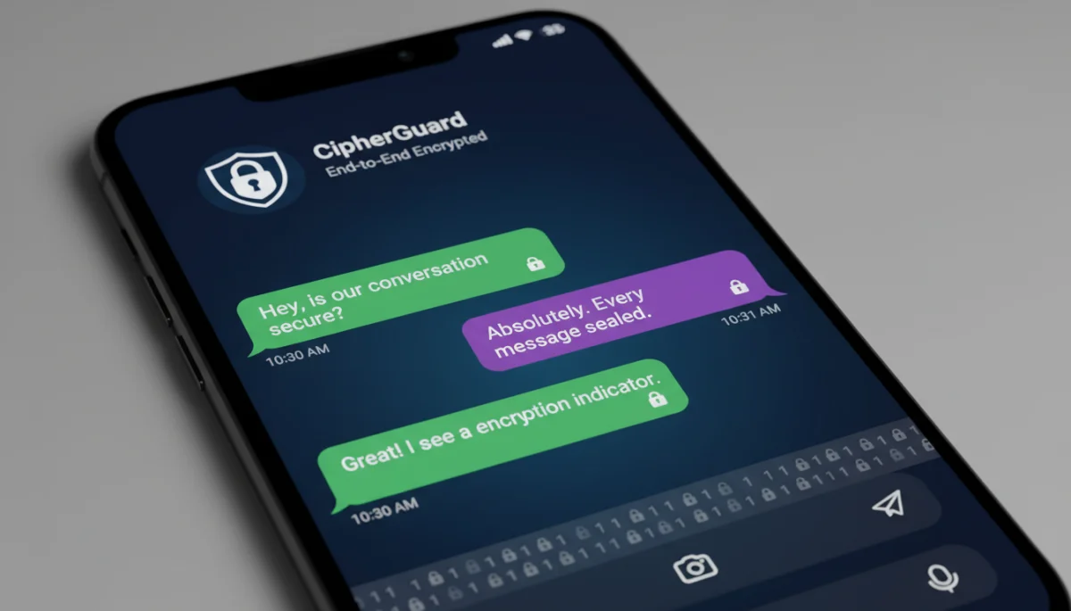 Encrypted messaging app interface with security indicators.