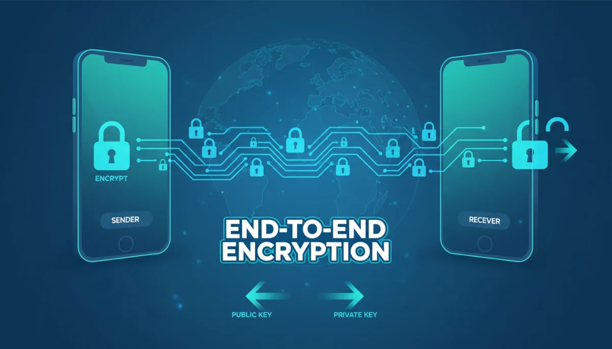Infographic showing end-to-end encryption data flow between devices.