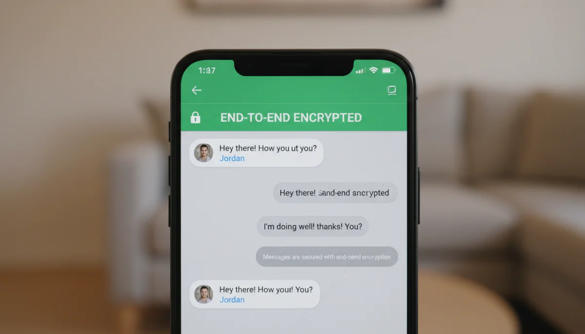 Smartphone showing end-to-end encryption notification in a messaging app.