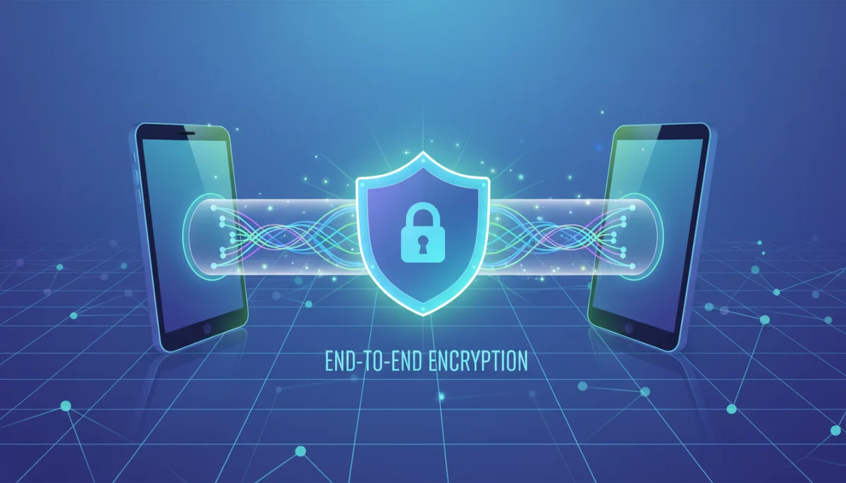 Illustration of end-to-end encryption protecting messages between devices.