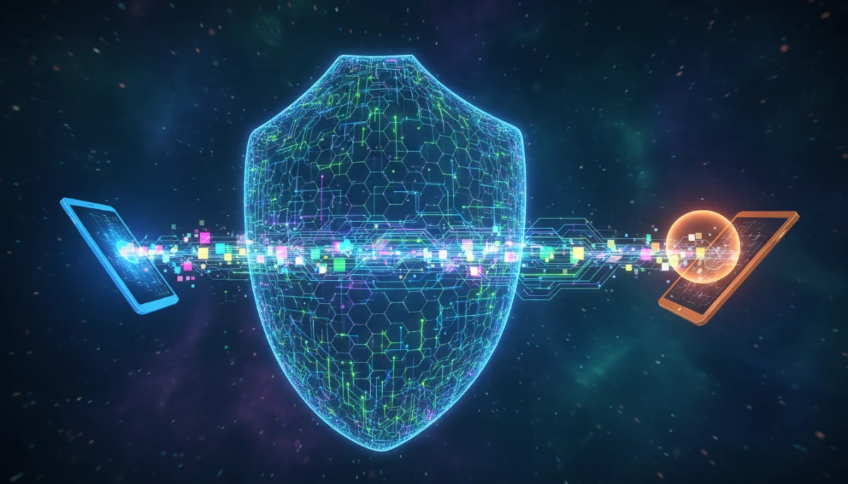 Abstract representation of end-to-end encryption in action.