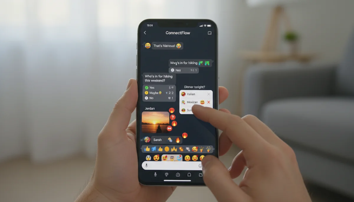 Group chat on smartphone with interactive features and emoji reactions