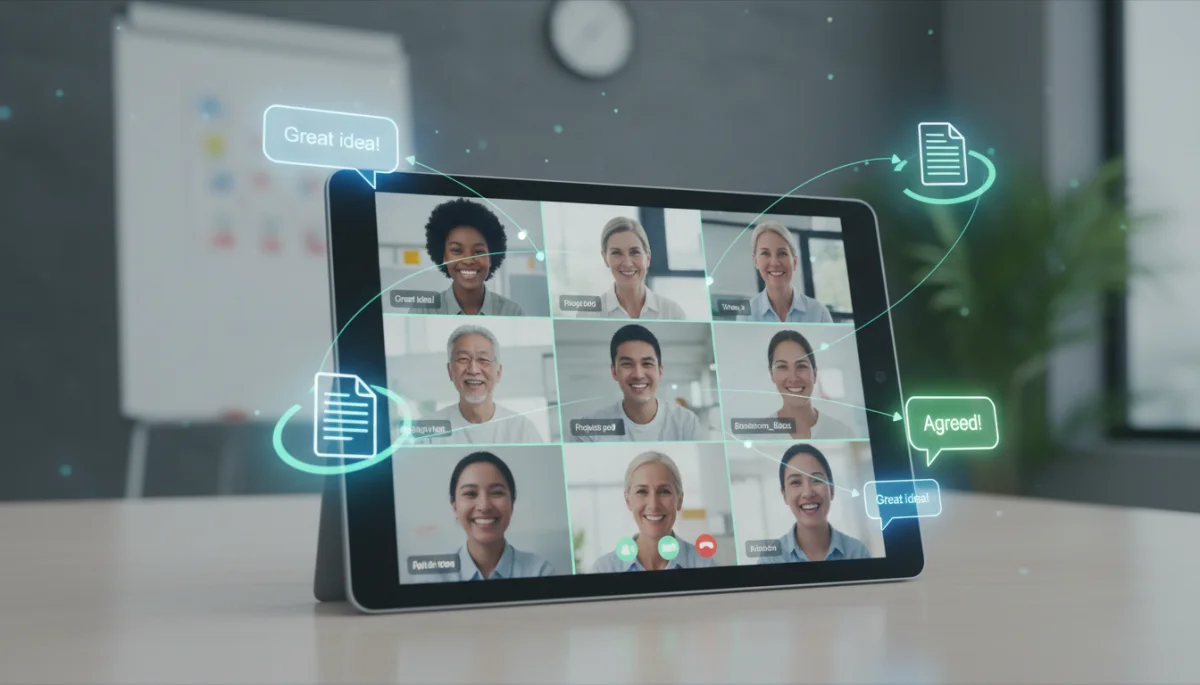 Diverse group collaborating virtually via tablet showing enhanced group chat features