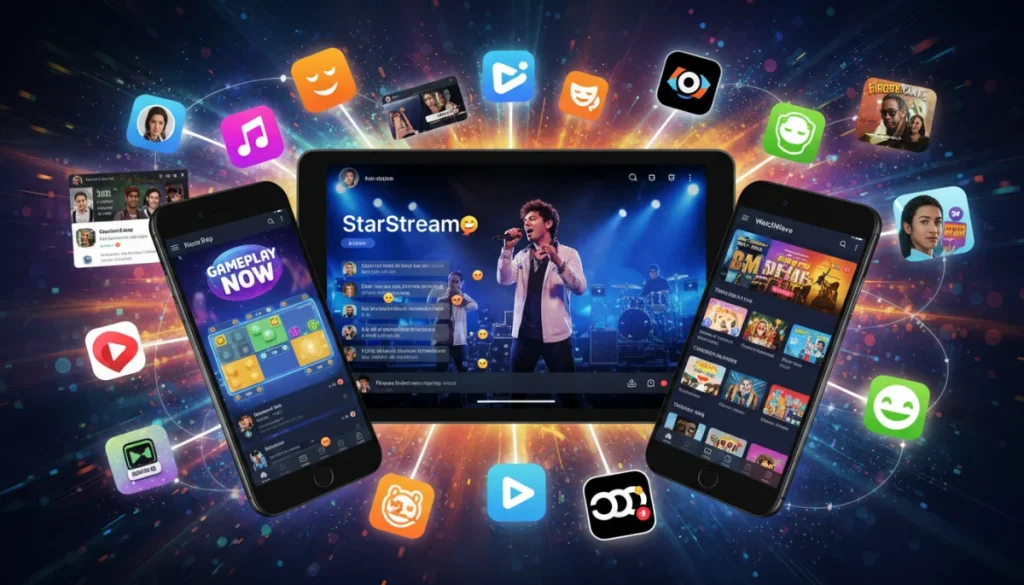 Dynamic collage of entertainment app interfaces on smartphones and tablets, highlighting recent updates and new functionalities.