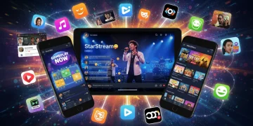 Dynamic collage of entertainment app interfaces on smartphones and tablets, highlighting recent updates and new functionalities.