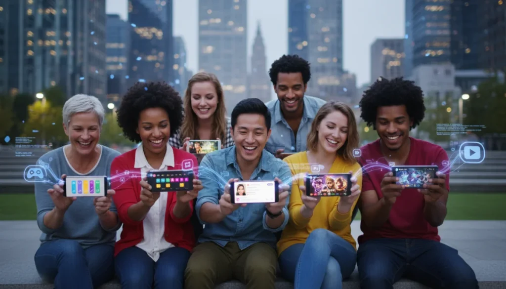 Diverse individuals connecting through entertainment apps on their mobile devices, forming new digital communities.