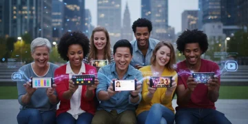 Diverse individuals connecting through entertainment apps on their mobile devices, forming new digital communities.
