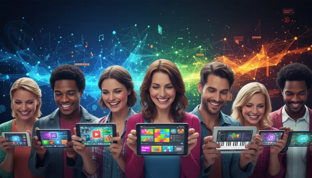 People interacting with entertainment apps on mobile devices, showcasing diverse user engagement