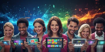 People interacting with entertainment apps on mobile devices, showcasing diverse user engagement