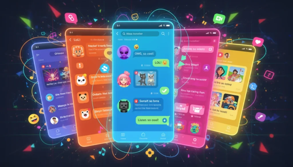 Colorful digital illustration of entertainment messaging apps with active user interactions