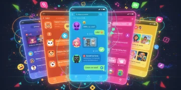 Colorful digital illustration of entertainment messaging apps with active user interactions