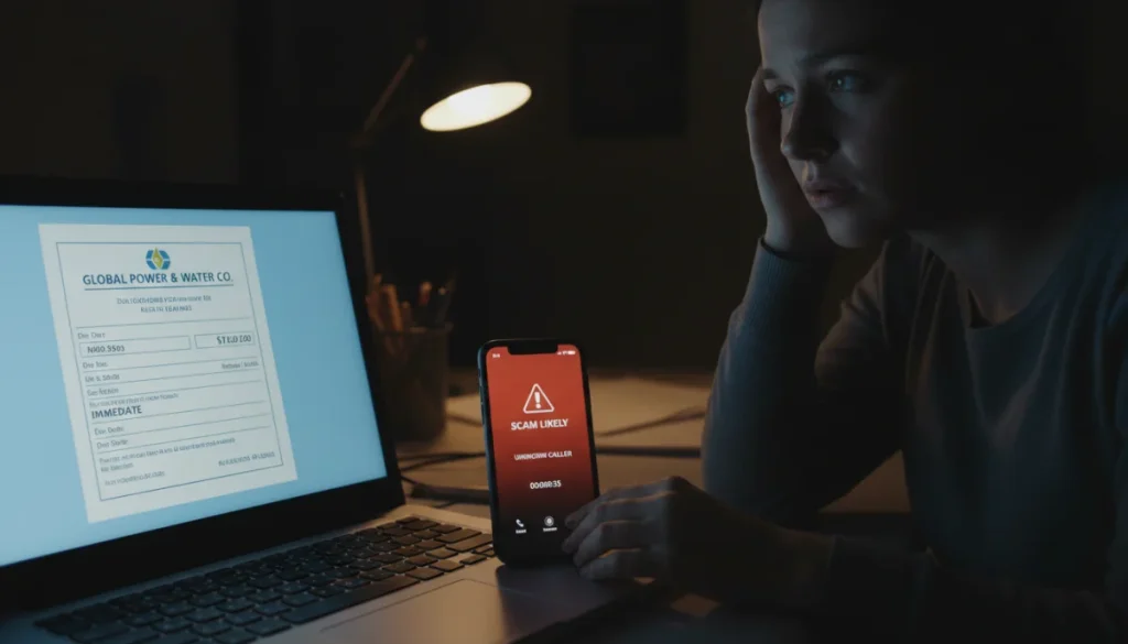 Person looking at fake utility bill on laptop, showing distress from scam.