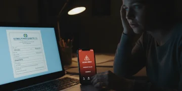 Person looking at fake utility bill on laptop, showing distress from scam.