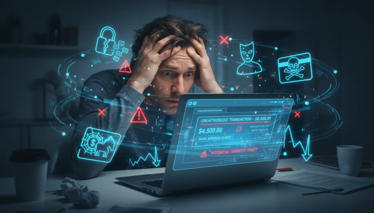 Distressed person reviewing financial statements after a data breach.