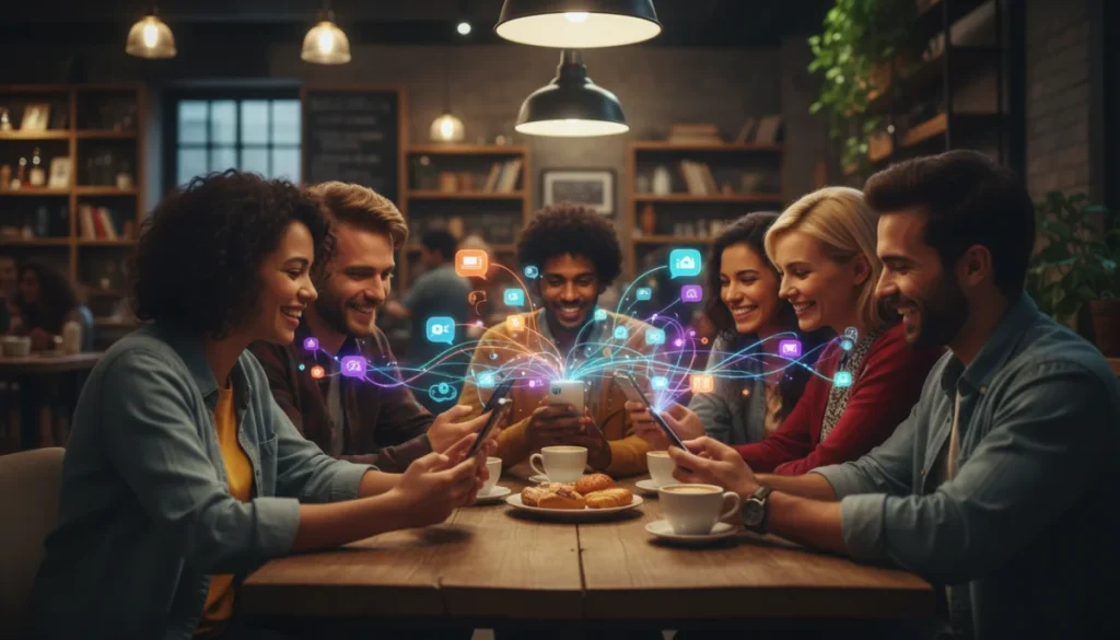 Friends laughing and connecting through innovative messaging app features on their phones in a cafe.
