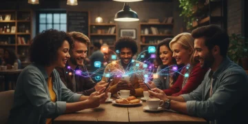 Friends laughing and connecting through innovative messaging app features on their phones in a cafe.