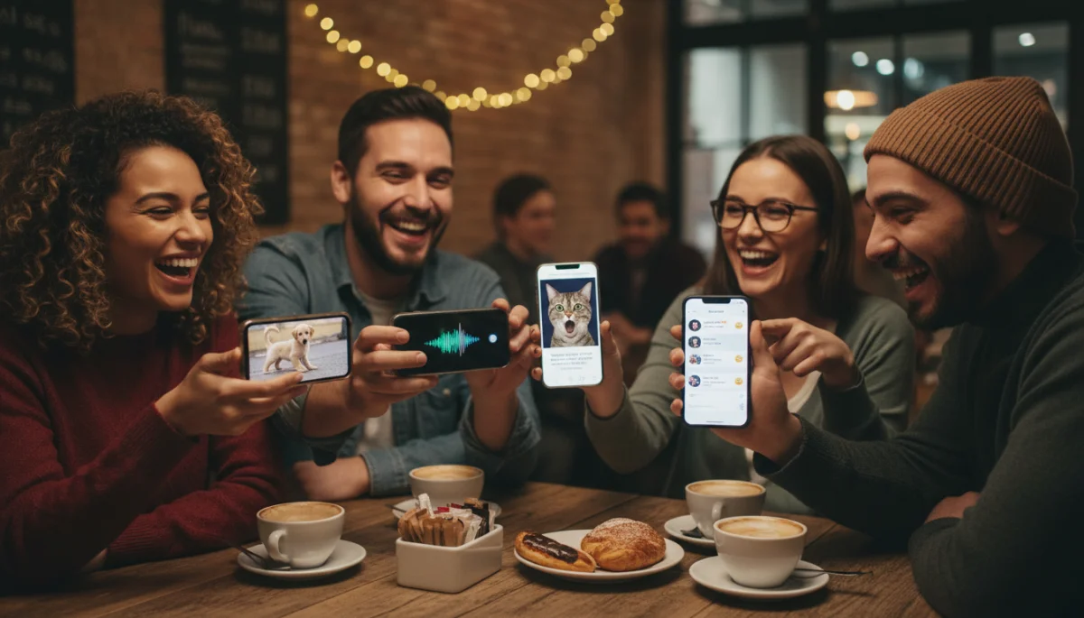 Friends sharing engaging multimedia messages on their phones