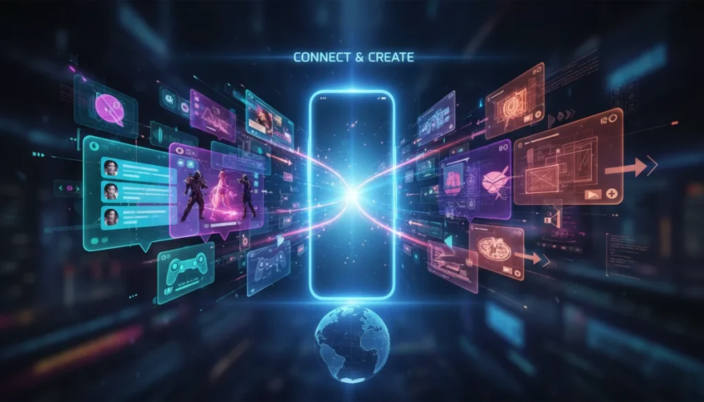 Futuristic messaging interface blending entertainment elements like games and augmented reality.