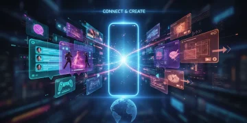 Futuristic messaging interface blending entertainment elements like games and augmented reality.