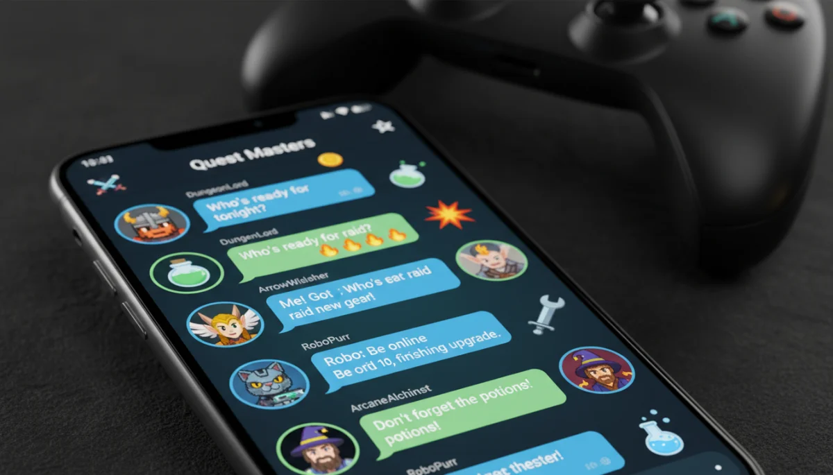 Smartphone showing a gaming group chat on a messaging app.
