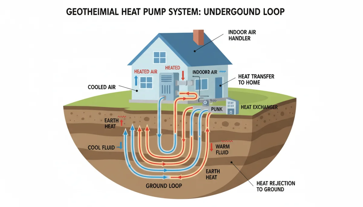 Diagram illustrating the underground loop system of a geothermal heat pump transferring heat