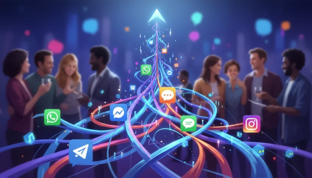 Global digital communication network with interconnected messaging app icons