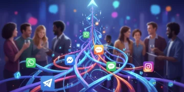 Global digital communication network with interconnected messaging app icons