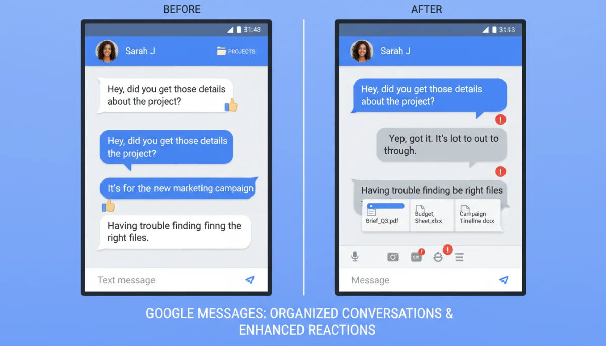 Comparison of Google Messages conversation with new features enabled